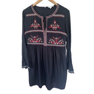 Beach Lunch Lounge Beaded Embroidered Front Tie Tassel Long Sleeve Mini Dress M